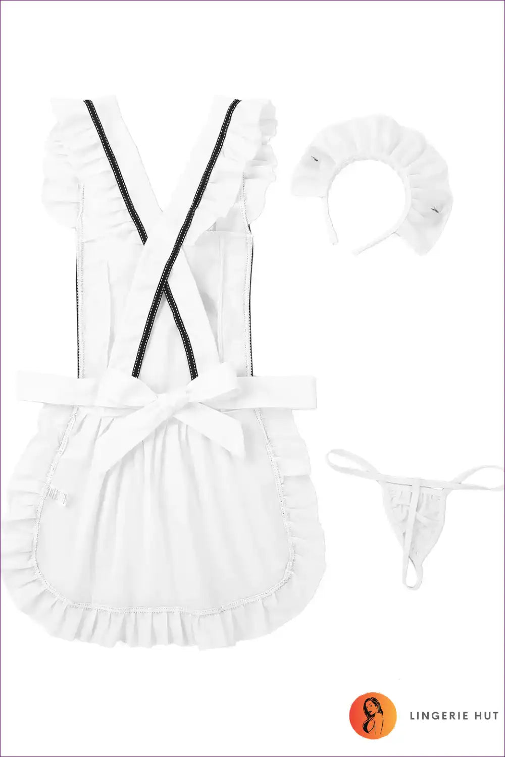 Step Into Playful Elegance With Lingerie Hut’s Maid Fantasy Ensemble, Complete Ruffles And Bow Tie Details.