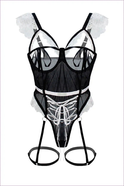 Maid-inspired Bodysuit with Lace-up Colour Block Design for Bodysuit, Costume, Cutout, Maid, Party