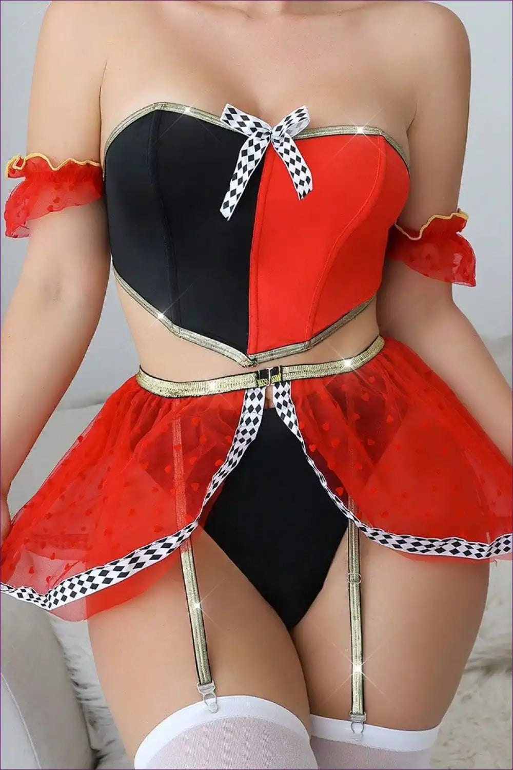 Maid Lingerie Set with Boning & Bow - Patchwork Lace Detail for Lingerie, Maid, Polyester, Role Play