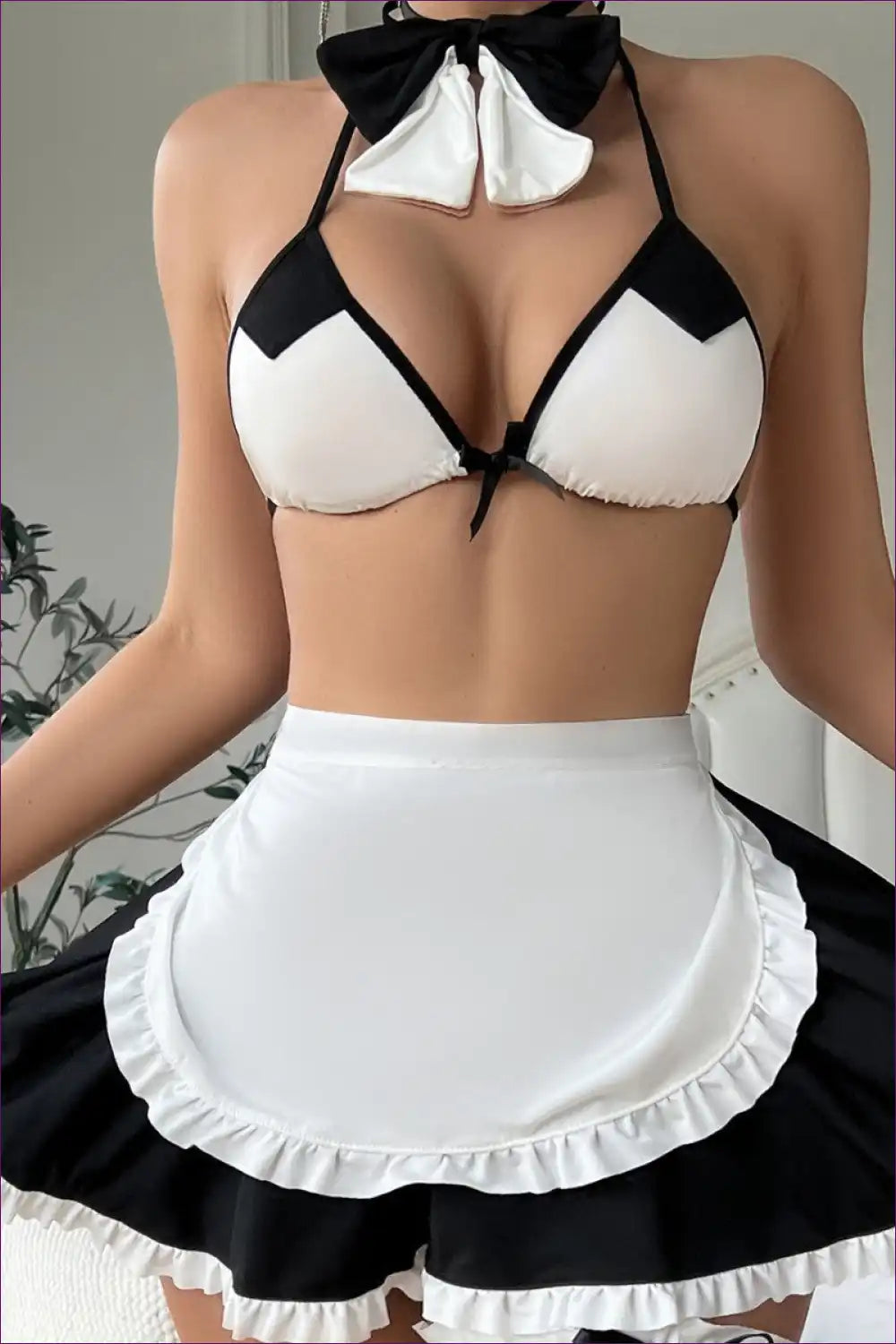 Maid Match Set - Short Skirt Bow and Ruffle Detail for Costume, Lingerie, Maid, Mini, Party