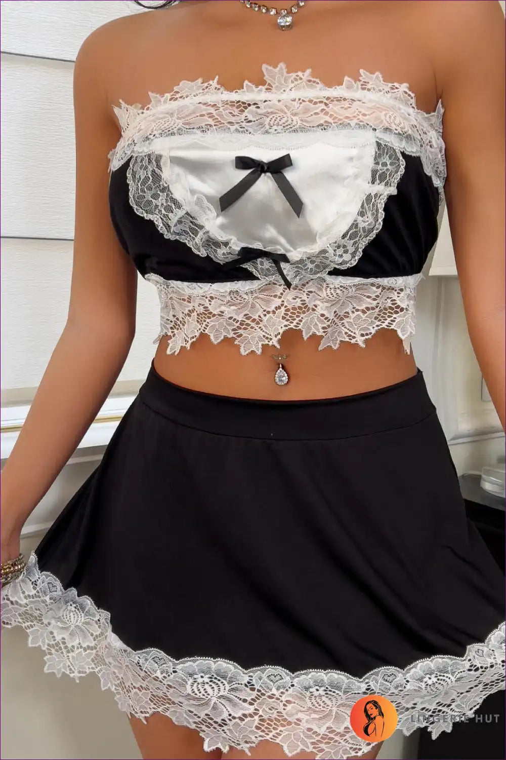Maid Uniform Lingerie Set - Bow & Lace Patchwork Detail for Costume, Lace, Lingerie, Maid, Polyester