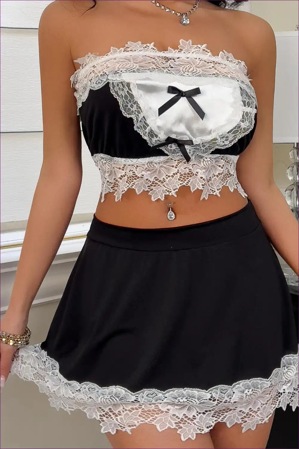 Maid Uniform Lingerie Set - Bow & Lace Patchwork Detail for Costume, Lace, Lingerie, Maid, Polyester