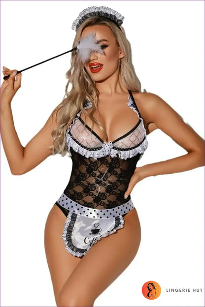 Maid Uniform with Transparent Lace & Flared Skirt - Tease Cosplay Set for Boudoir, Costume, Floral, just In,