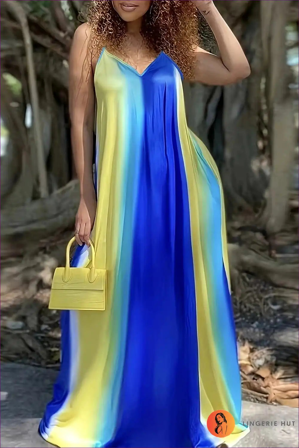 Maxi Cami Dress with Deep v Neck - Summer Escape for Backless, Boho, Casual, Chiffon, Cutout