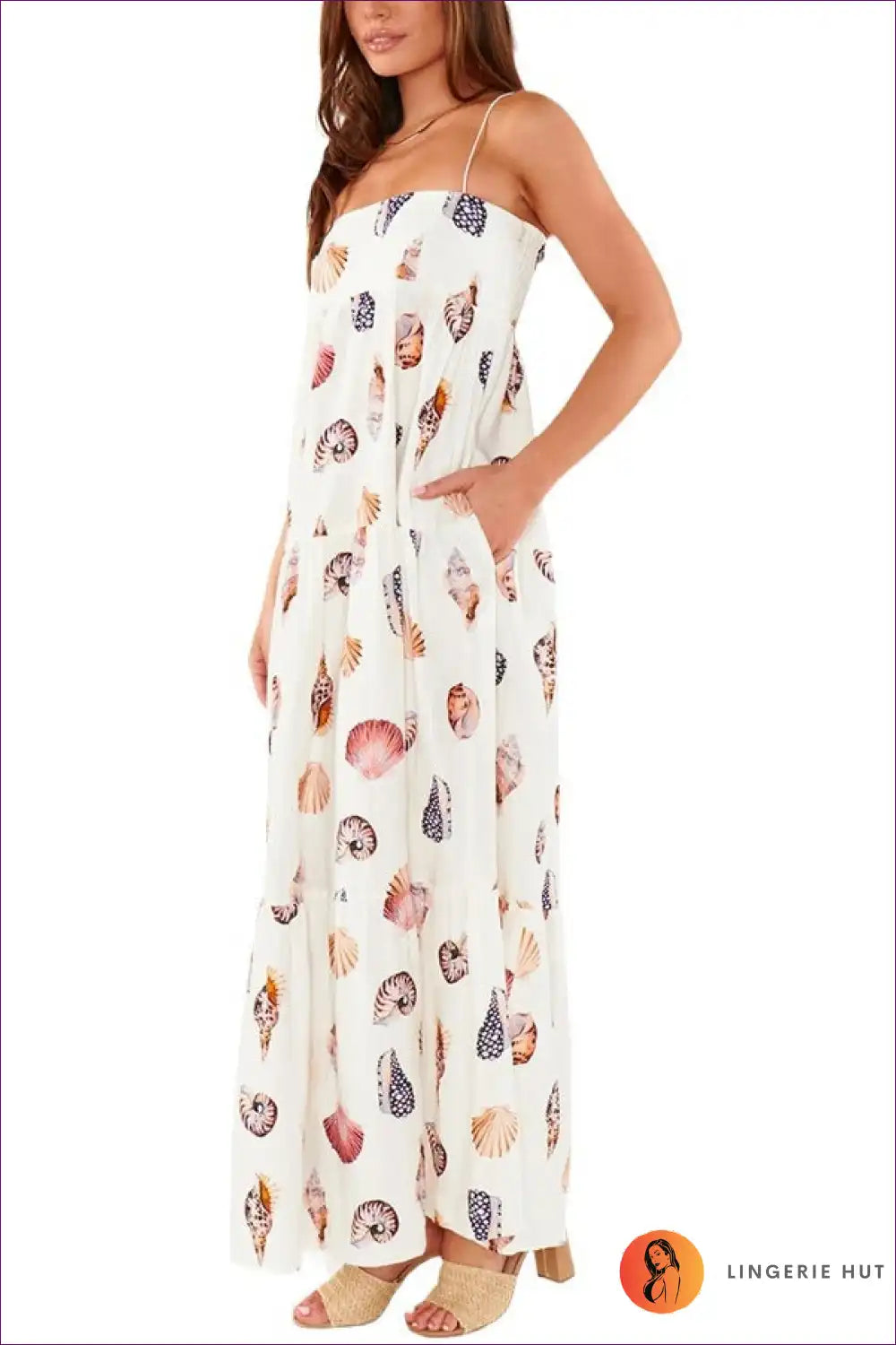 Maxi Cami Dress with Seashell Print - Carefree Beach Escape for Beachwear, Boho, Casual, Dress, Everyday