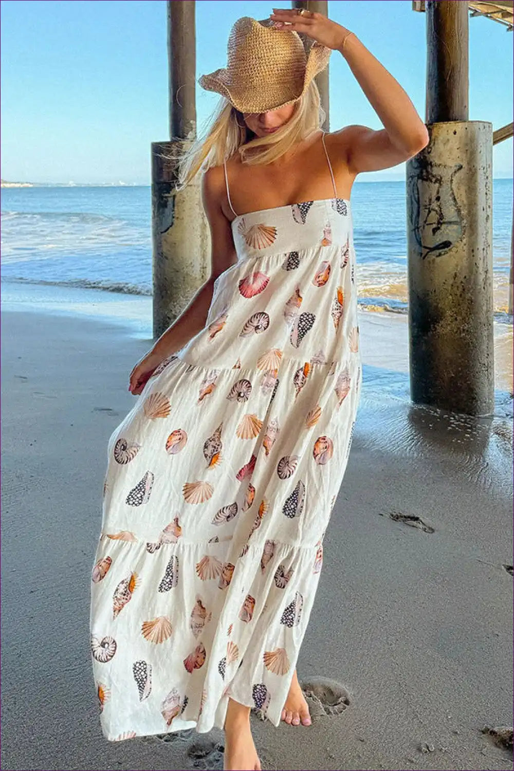 Maxi Cami Dress with Seashell Print - Carefree Beach Escape for Beachwear, Boho, Casual, Dress, Everyday