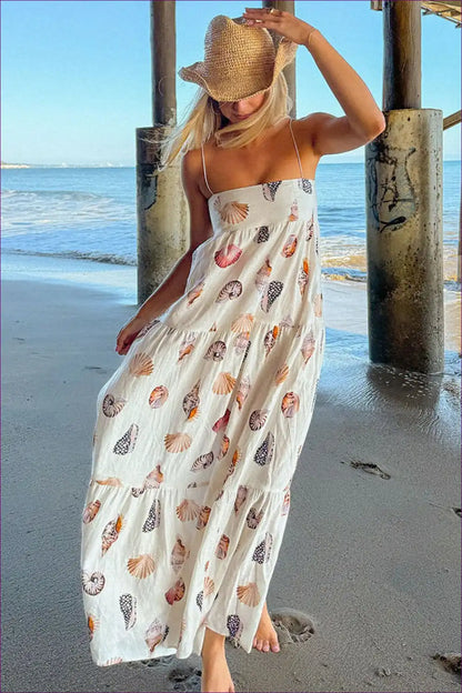 Maxi Cami Dress with Seashell Print - Carefree Beach Escape for Beachwear, Boho, Casual, Dress, Everyday