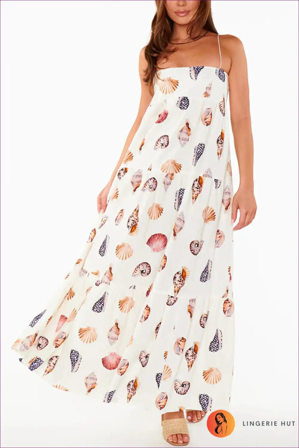 Maxi Cami Dress with Seashell Print - Carefree Beach Escape for Beachwear, Boho, Casual, Dress, Everyday