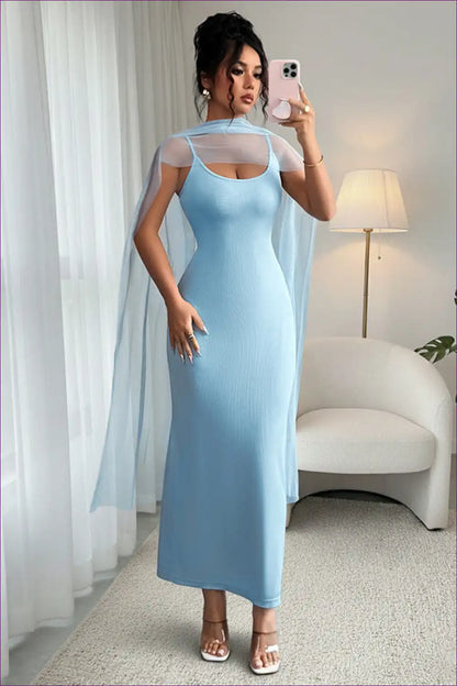 Maxi Cami Dress with Sheer Cape Overlay for Elegant Events Evening Wear, Formal Jersey, just In,