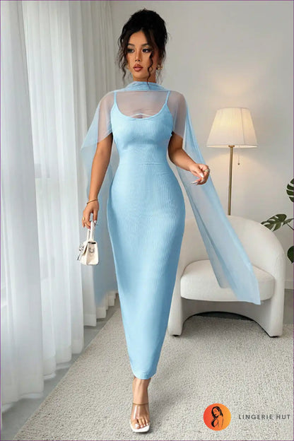 Maxi Cami Dress with Sheer Cape Overlay for Elegant Events Evening Wear, Formal Jersey, just In,