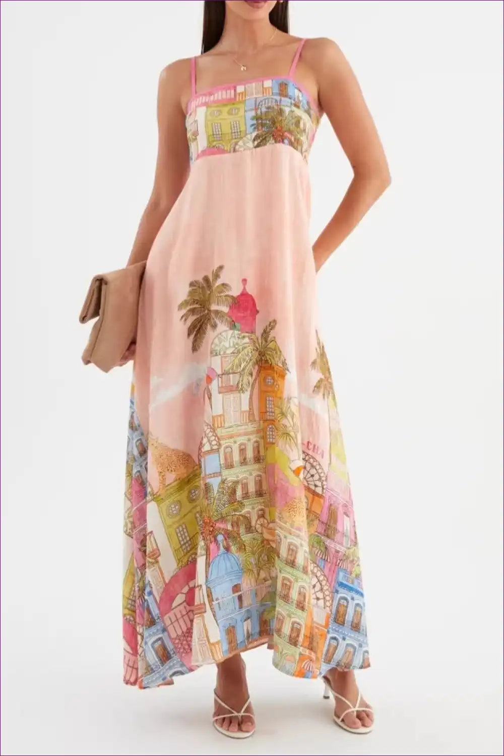 Maxi Dress with Architectural Print - Artistic Expression for A-line, Backless, Boho, Casual,
