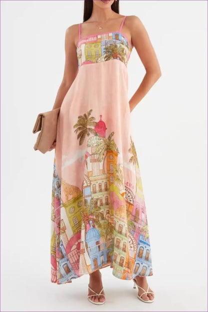 Maxi Dress with Architectural Print - Artistic Expression for A-line, Backless, Boho, Casual,