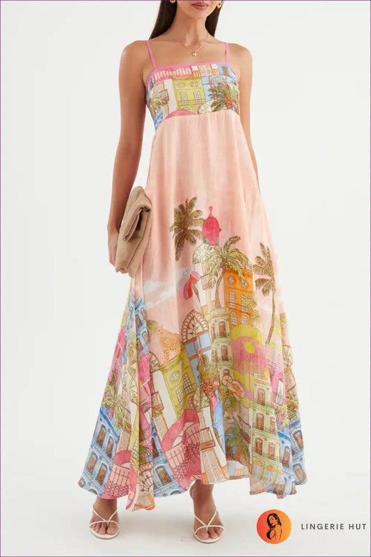 Maxi Dress with Architectural Print - Artistic Expression for A-line, Backless, Boho, Casual,