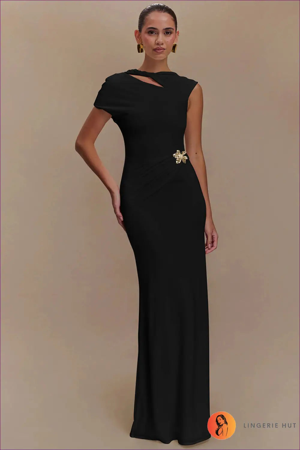 Maxi Cutout Dress with One-shoulder Detail - Statement Evenings - s / Black - Dresses - Lingerie Hut - All Season