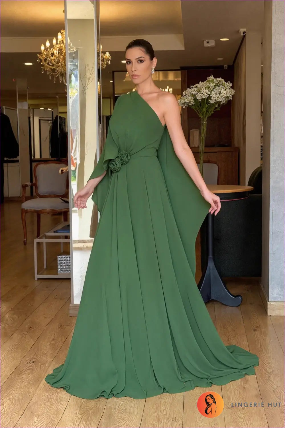 Maxi Dress with Asymmetric Drape - Architectural Grace - s / Green - Dresses - Lingerie Hut - Autumn • Backless