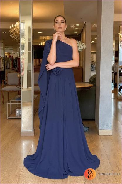 Maxi Dress with Asymmetric Drape - Architectural Grace - s / Navy Blue - Dresses - Lingerie Hut - Autumn • Backless