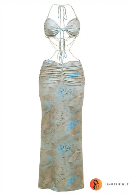 Maxi Dress with Bead Halter and Ruched Detail - Sunset Escape Mood for Backless, Boho, Cutout, Dress, Glamour