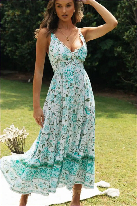 Maxi Dress with Botanical Print - Garden Romance for A-line, Boho, Casual, Cotton, Cutout