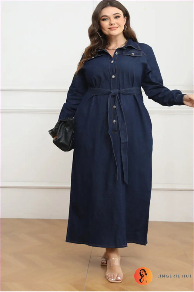 Denim Shirt Dress with Button Front and Belt