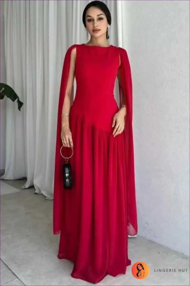 Cape Sleeve Maxi Dress - Red Evening Elegance