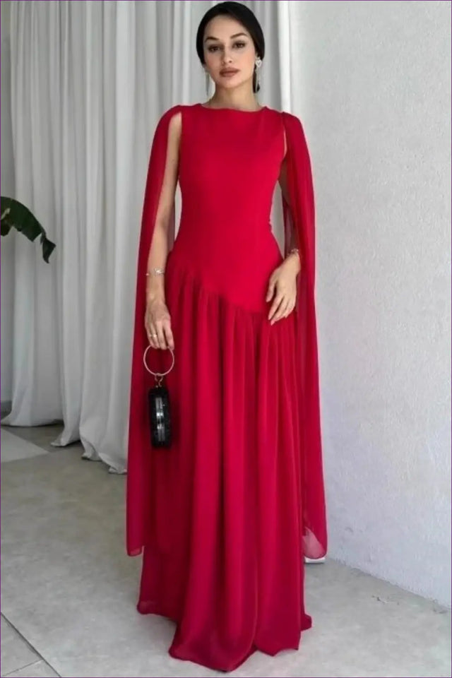 Cape Sleeve Maxi Dress - Red Evening Elegance