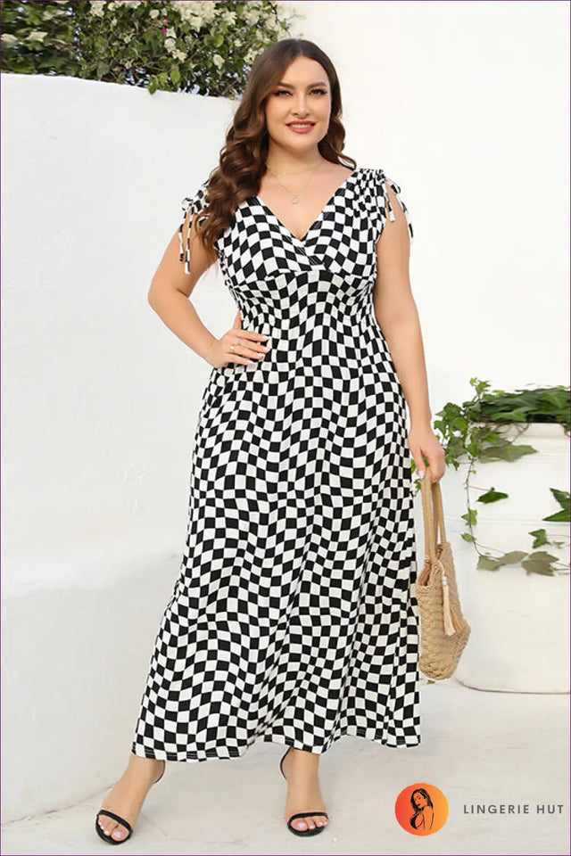 Checkerboard Maxi Dress with Tie Straps - Statement Maker