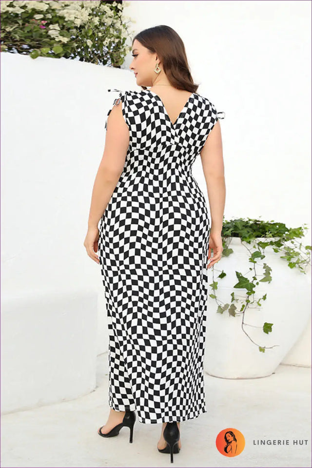 Checkerboard Maxi Dress with Tie Straps - Statement Maker