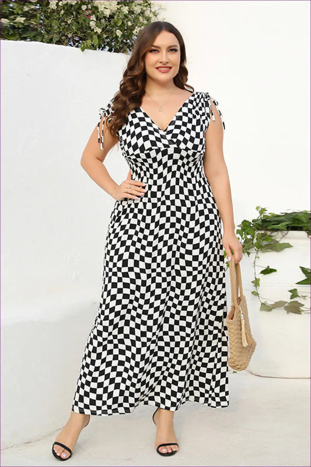Checkerboard Maxi Dress with Tie Straps - Statement Maker