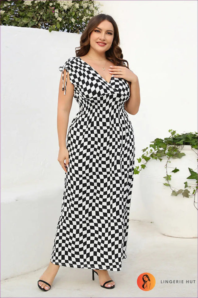 Checkerboard Maxi Dress with Tie Straps - Statement Maker