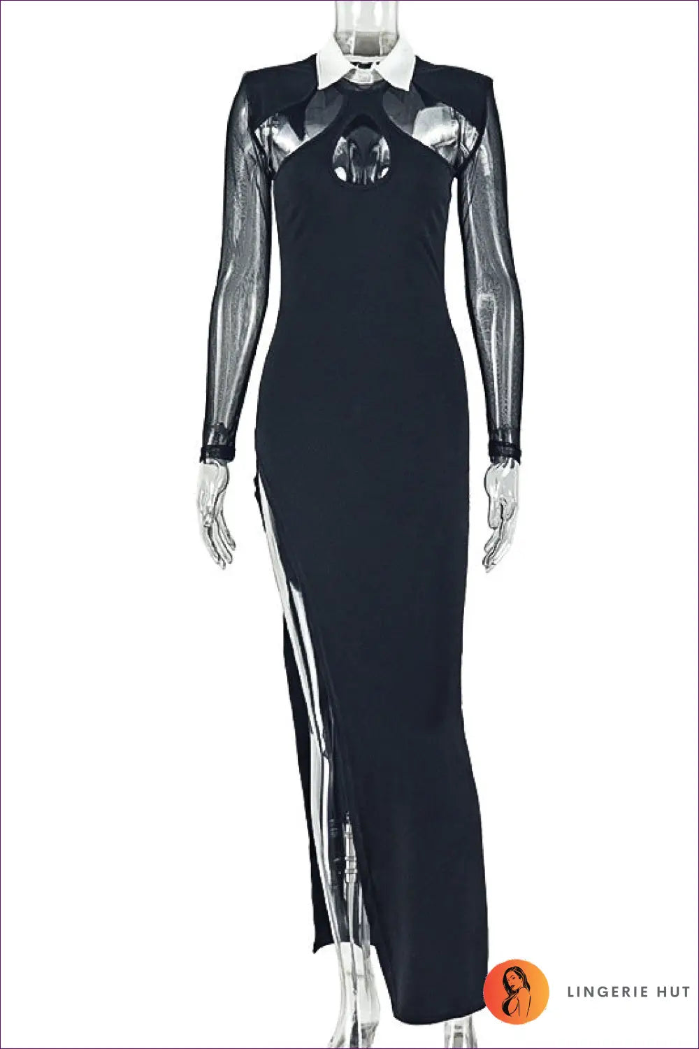 Maxi Dress with Contrast Collar & Sheer Details - Understated Glamour - s / Black - Dresses - Lingerie Hut - All Season