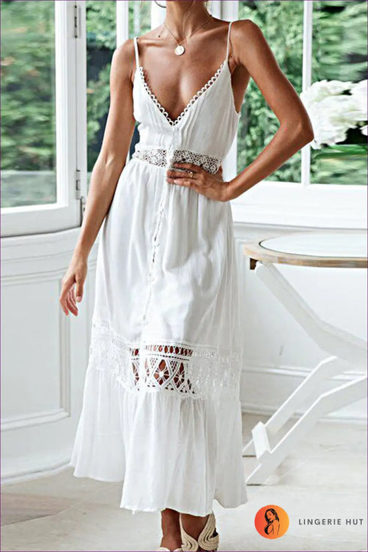 Maxi Dress with Crochet Waist Panel - Garden Party Grace - one Size / White - Dresses - Lingerie Hut - A-line • Boho