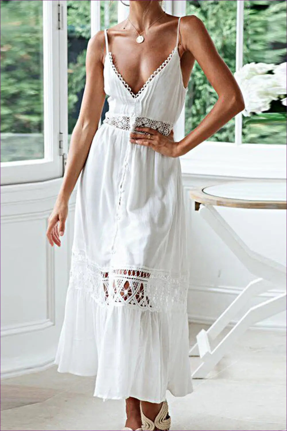 Maxi Dress with Crochet Waist Panel - Garden Party Grace - one Size / White - Dresses - Lingerie Hut - A-line • Boho