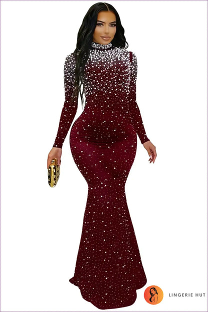 Maxi Dress with Crystal Embellishment - Evening Glamour for Autumn, Bodycon, Dress, Evening Wear, Formal Wear