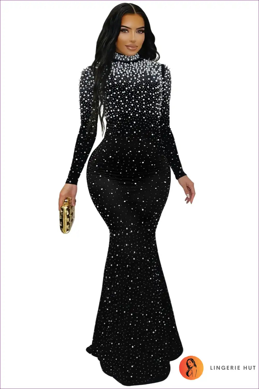 Maxi Dress with Crystal Embellishment - Evening Glamour for Autumn, Bodycon, Dress, Evening Wear, Formal Wear