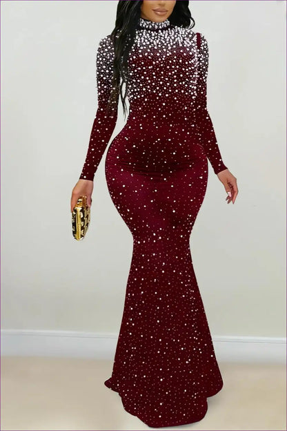 Maxi Dress with Crystal Embellishment - Evening Glamour for Autumn, Bodycon, Dress, Evening Wear, Formal Wear