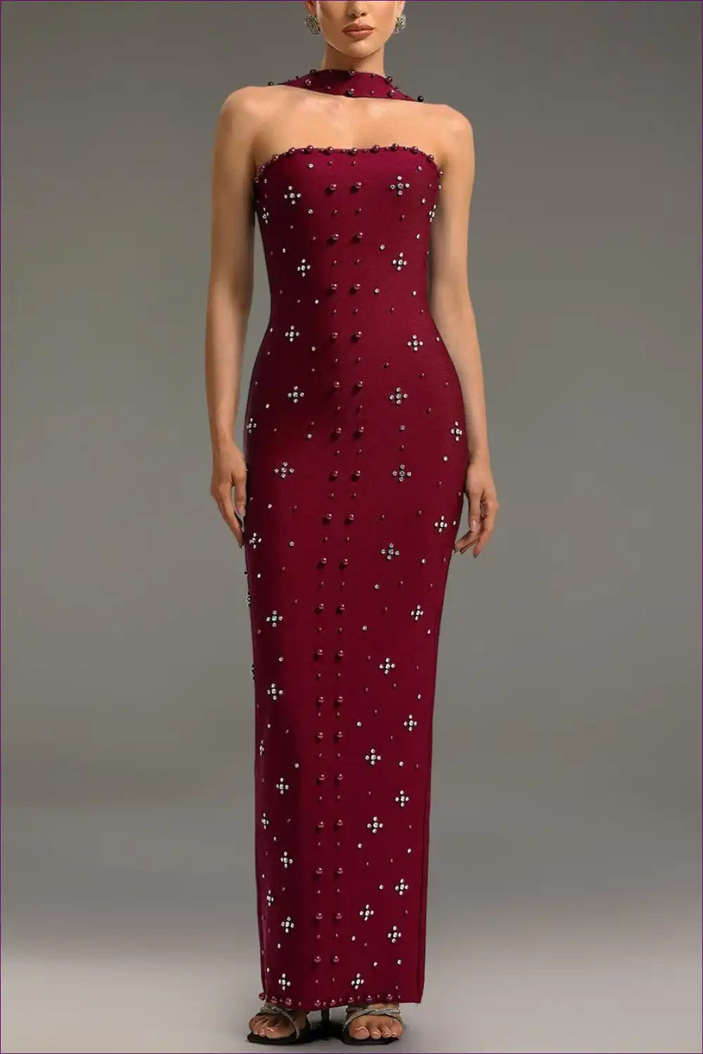 Maxi Dress with Crystal Embellishments - Red Carpet Ready for Autumn, Cutout, Dress, Evening Wear, Formal Wear