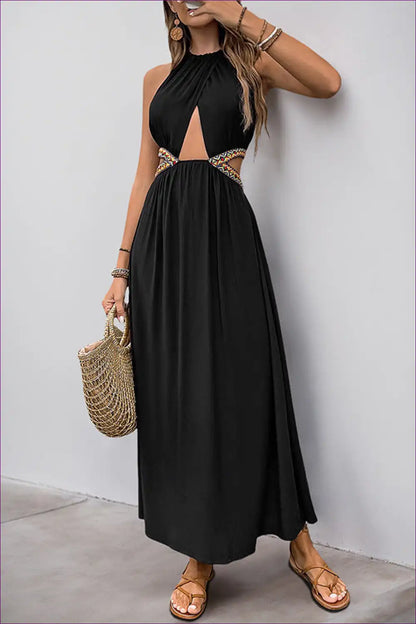 Maxi Dress with Cut-out Waist - Festival Ready for A-line, Backless, Boho, Cutout,