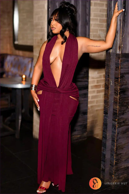 Maxi Dress with Deep v Halter and Split - Sultry Statement Nights for Bodycon, Clubwear, Date Night, Evening
