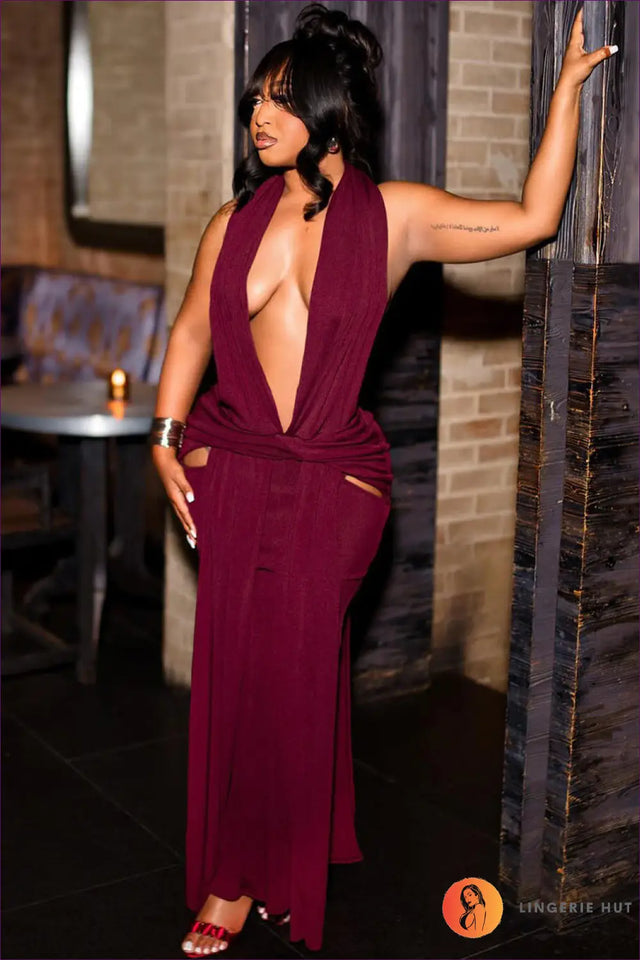 Maxi Dress with Deep V Halter and Split - Sultry Statement Nights