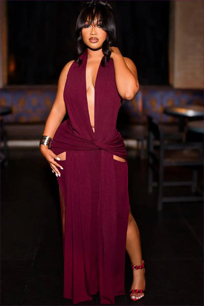 Maxi Dress with Deep v Halter and Split - Sultry Statement Nights for Bodycon, Clubwear, Date Night, Evening