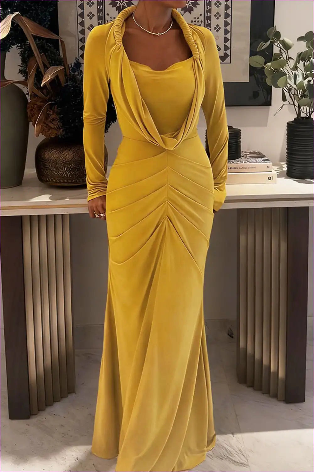 Maxi Dress with Draped Cowl Neck and Gathered Detailing for Autumn, Dresses, Evening Wear, Formal