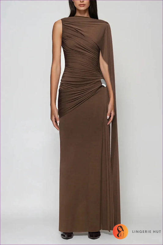 Maxi Dress with Draped Neckline - Understated Glamour - s / Brown - Dresses - Lingerie Hut - All Season • Evening Wear
