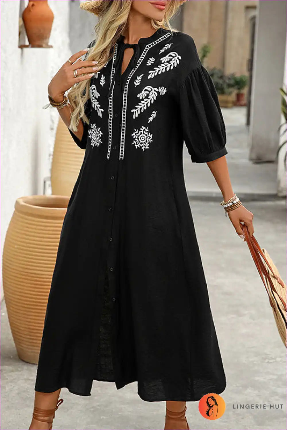 Maxi Dress with Embroidered Detail - Bohemian Elegance for A-line, Boho, Casual, Dress, Everyday