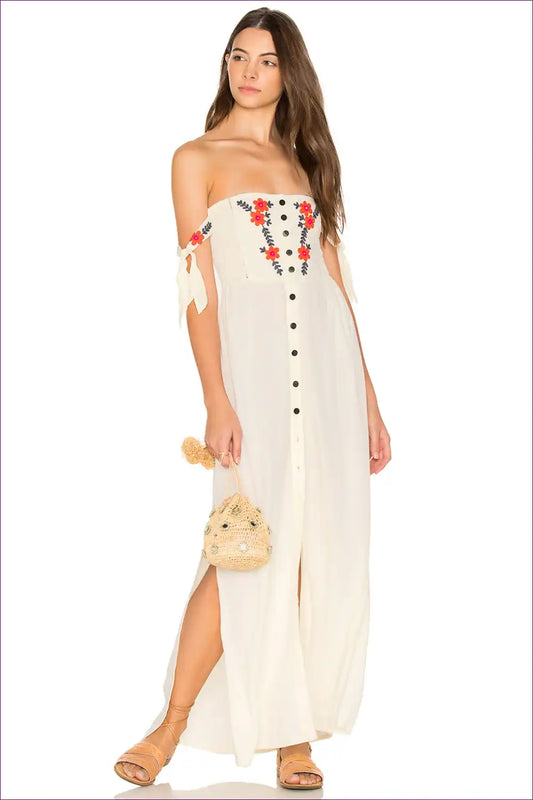 Maxi Dress with Embroidered Detail - Bohemian Elegance for A-line, Boho, Casual, Cotton,