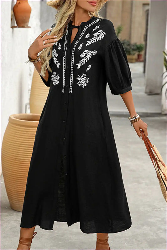 Maxi Dress with Embroidered Detail - Bohemian Elegance for A-line, Boho, Casual, Dress, Everyday