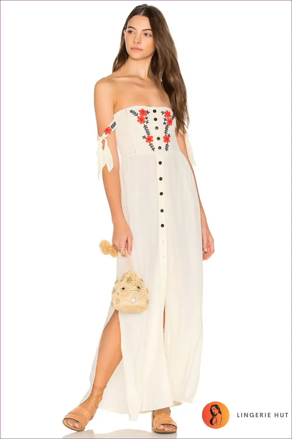 Maxi Dress with Embroidered Detail - Bohemian Elegance for A-line, Boho, Casual, Cotton,