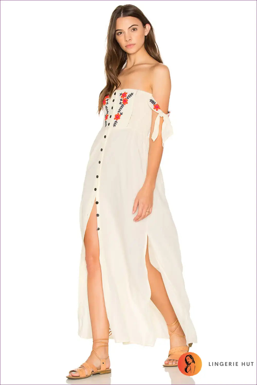 Maxi Dress with Embroidered Detail - Bohemian Elegance for A-line, Boho, Casual, Cotton,