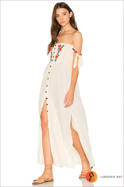 Maxi Dress with Embroidered Detail - Bohemian Elegance for A-line, Boho, Casual, Cotton,