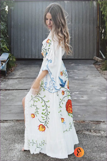 Maxi Dress with Embroidered Details - Bohemian Goddess for A-line, Boho, Casual, Chiffon,
