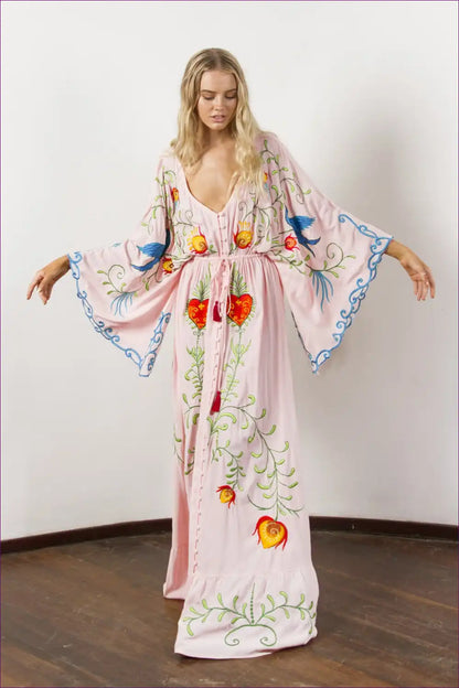 Maxi Dress with Embroidered Details - Bohemian Goddess for A-line, Boho, Casual, Chiffon,